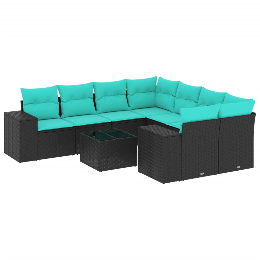 9-teiliges Gartensofa-Set mit Kissen, schwarzes Polyrattan