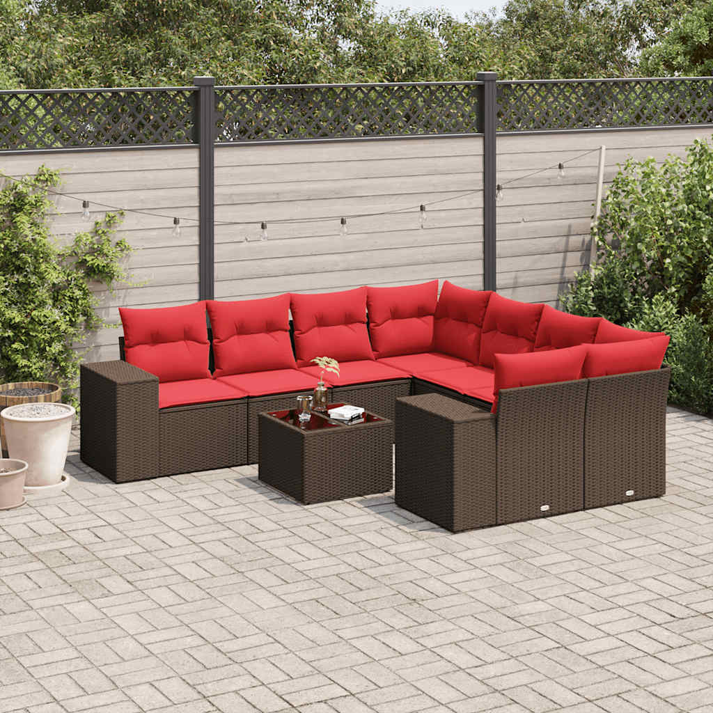9-teiliges Gartensofa-Set mit Kissen, braun, Polyrattan