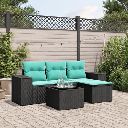 5-teiliges Gartensofa-Set mit Kissen, schwarzes Polyrattan