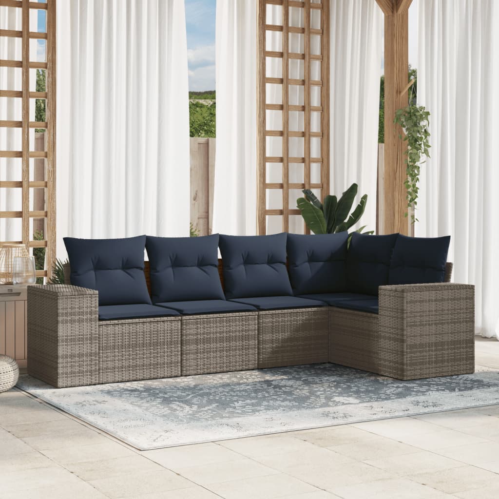 5-teiliges Gartensofa-Set mit Kissen, grau, Polyrattan