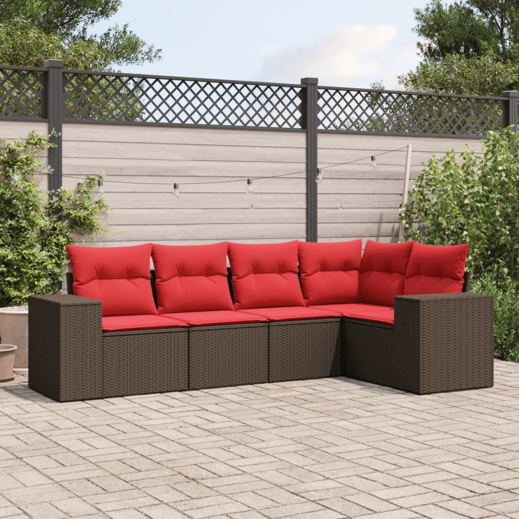 5-teiliges Gartensofa-Set mit Kissen, braun, Polyrattan