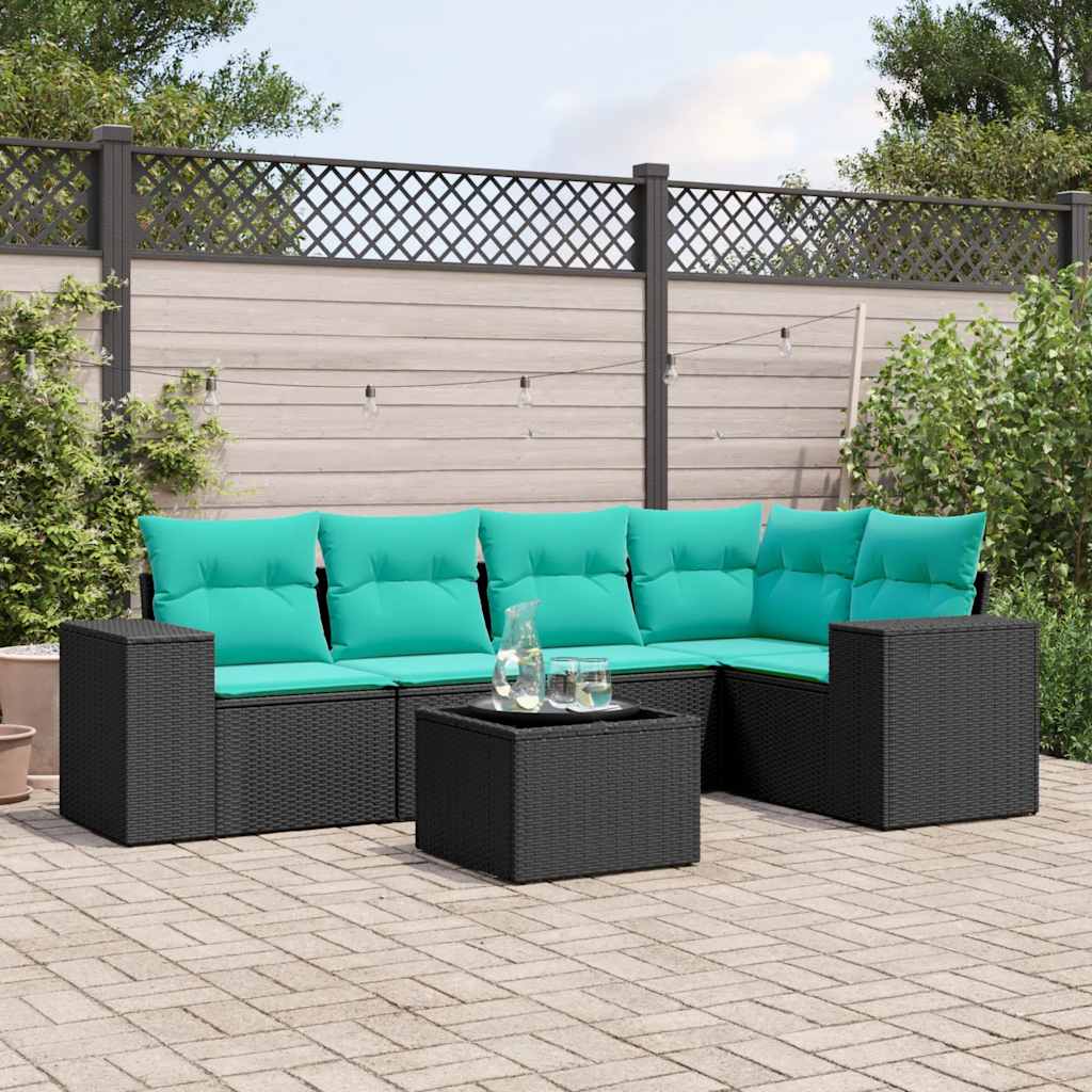 6-teiliges Gartensofa-Set mit Kissen, schwarzes Polyrattan
