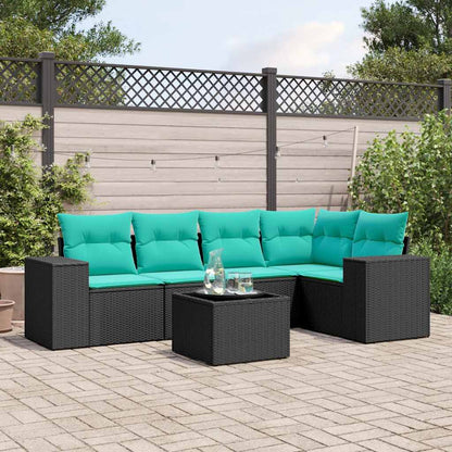 6-teiliges Gartensofa-Set mit Kissen, schwarzes Polyrattan