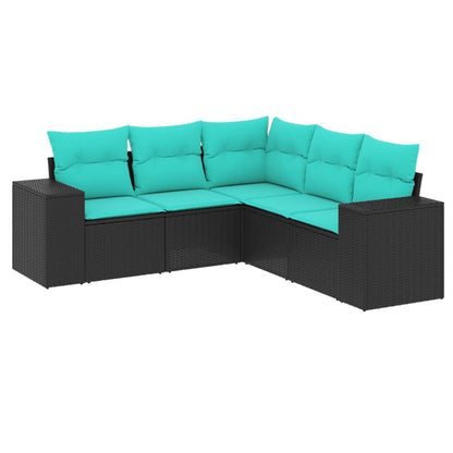 5-teiliges Gartensofa-Set mit Kissen, schwarzes Polyrattan