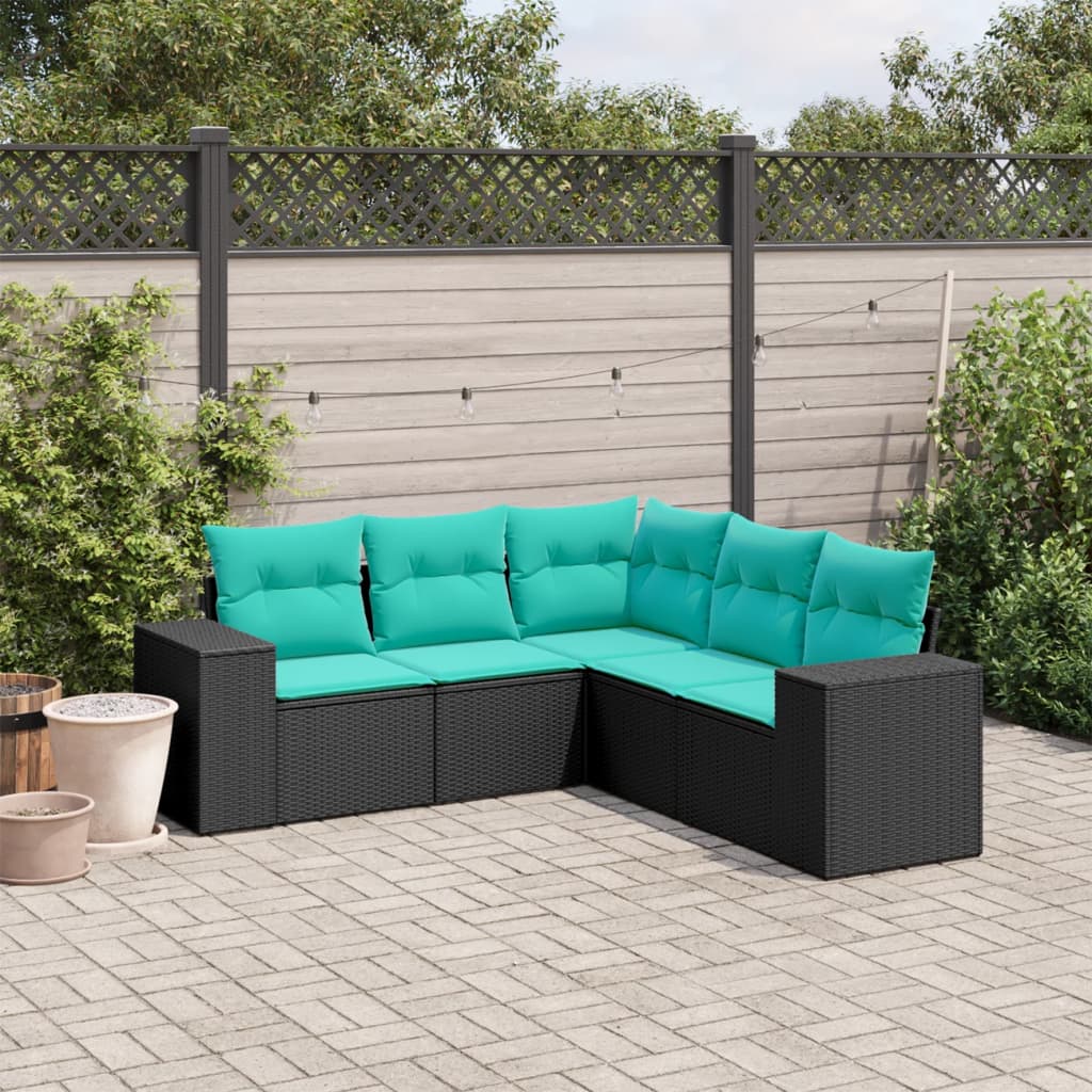 5-teiliges Gartensofa-Set mit Kissen, schwarzes Polyrattan