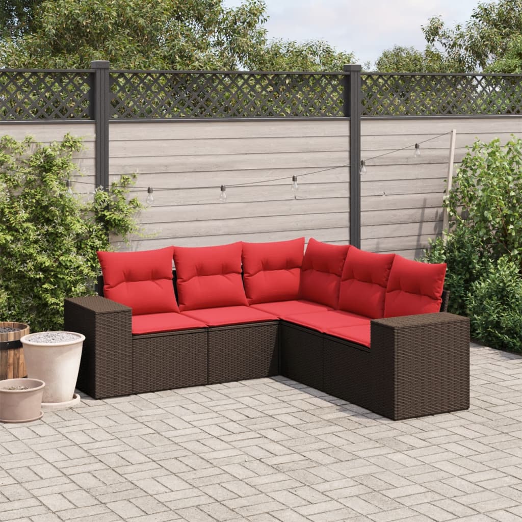 5-teiliges Gartensofa-Set mit Kissen, braun, Polyrattan