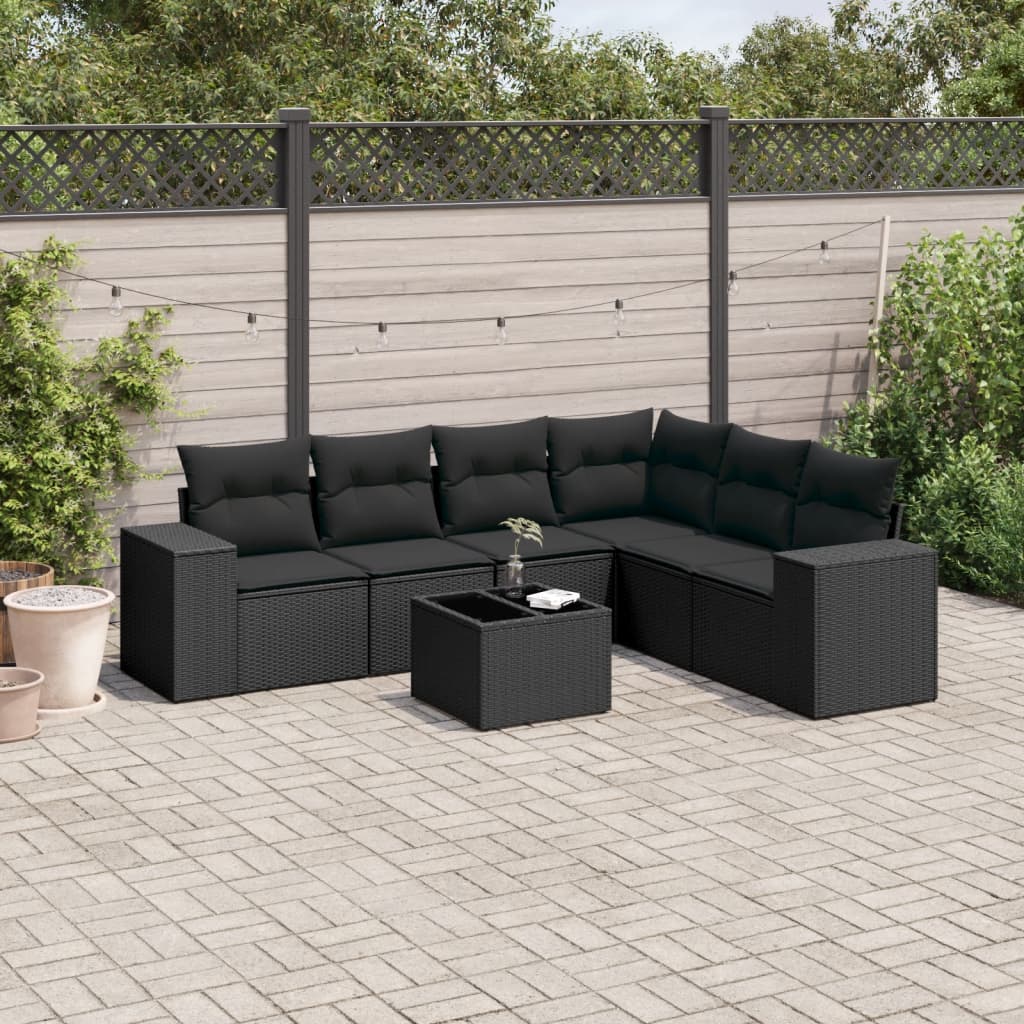 7-tlg. Garten-Sofagarnitur mit Kissen Schwarz Poly Rattan