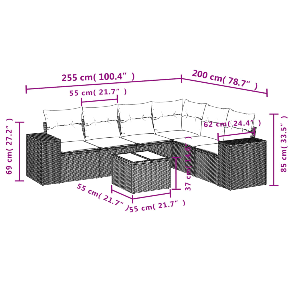 7-teiliges Gartensofa-Set mit Kissen, schwarzes Polyrattan