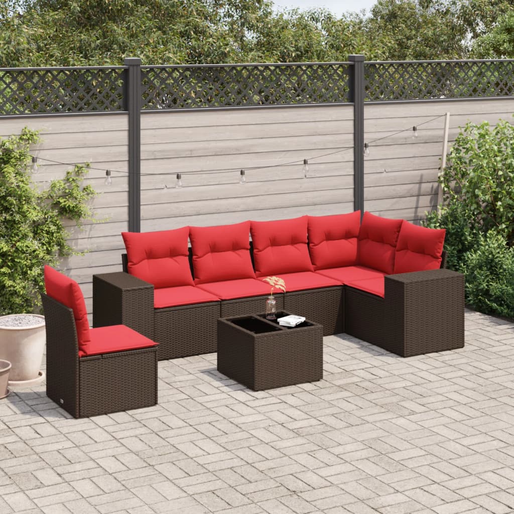 7-teiliges Gartensofa-Set mit Kissen, braun, Polyrattan