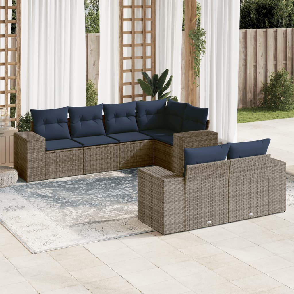 7-teiliges Gartensofa-Set mit Kissen, grau, Polyrattan