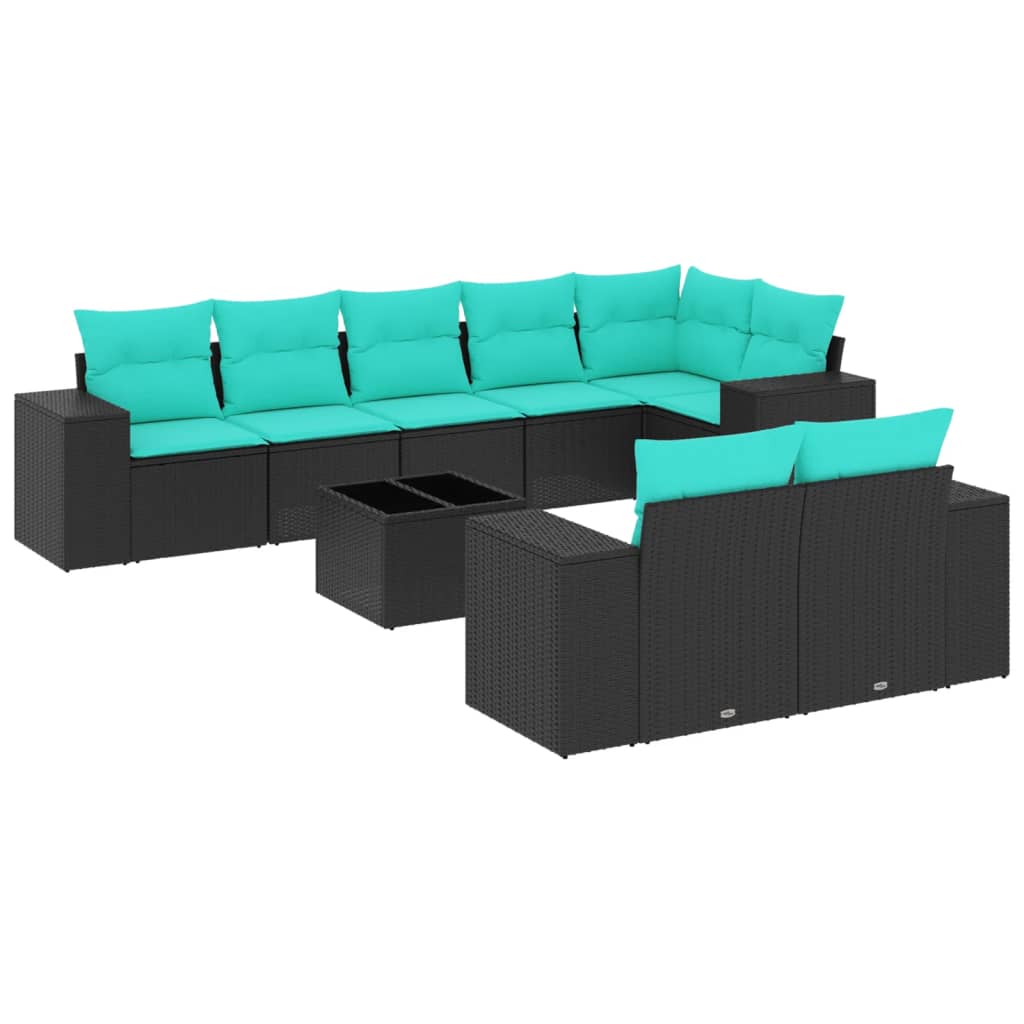 9-teiliges Gartensofa-Set mit Kissen, schwarzes Polyrattan