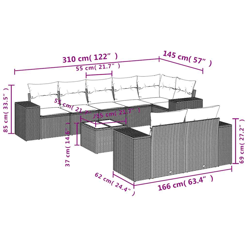 9-teiliges Gartensofa-Set mit Kissen, braun, Polyrattan