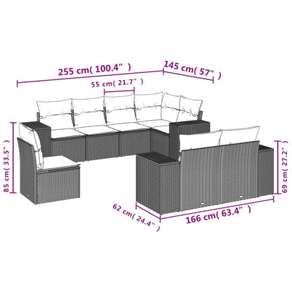 8-teiliges Gartensofa-Set mit Kissen, schwarzes Polyrattan