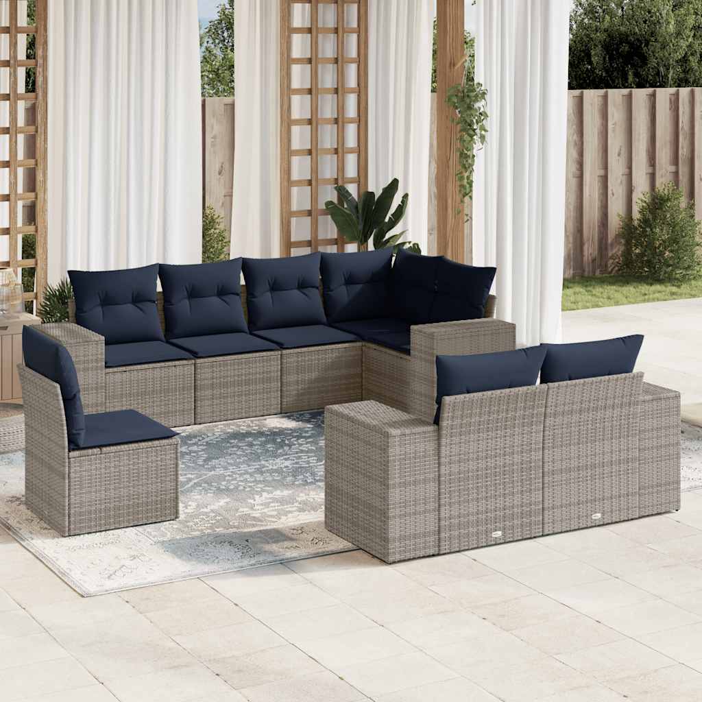 8-teiliges Gartensofa-Set mit Kissen, grau, Polyrattan