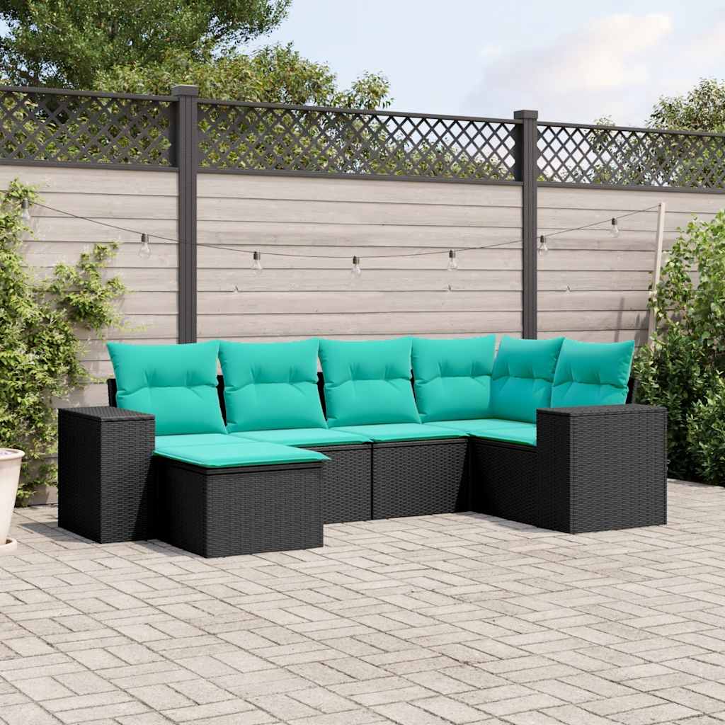 6-teiliges Gartensofa-Set mit Kissen, schwarzes Polyrattan