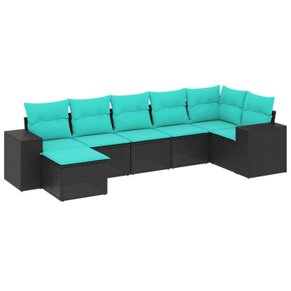 7-teiliges Gartensofa-Set mit Kissen, schwarzes Polyrattan