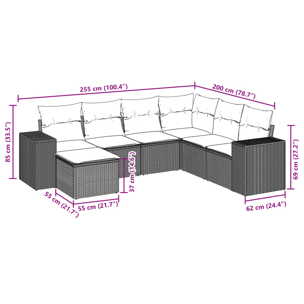 7-teiliges Gartensofa-Set mit Kissen, schwarzes Polyrattan