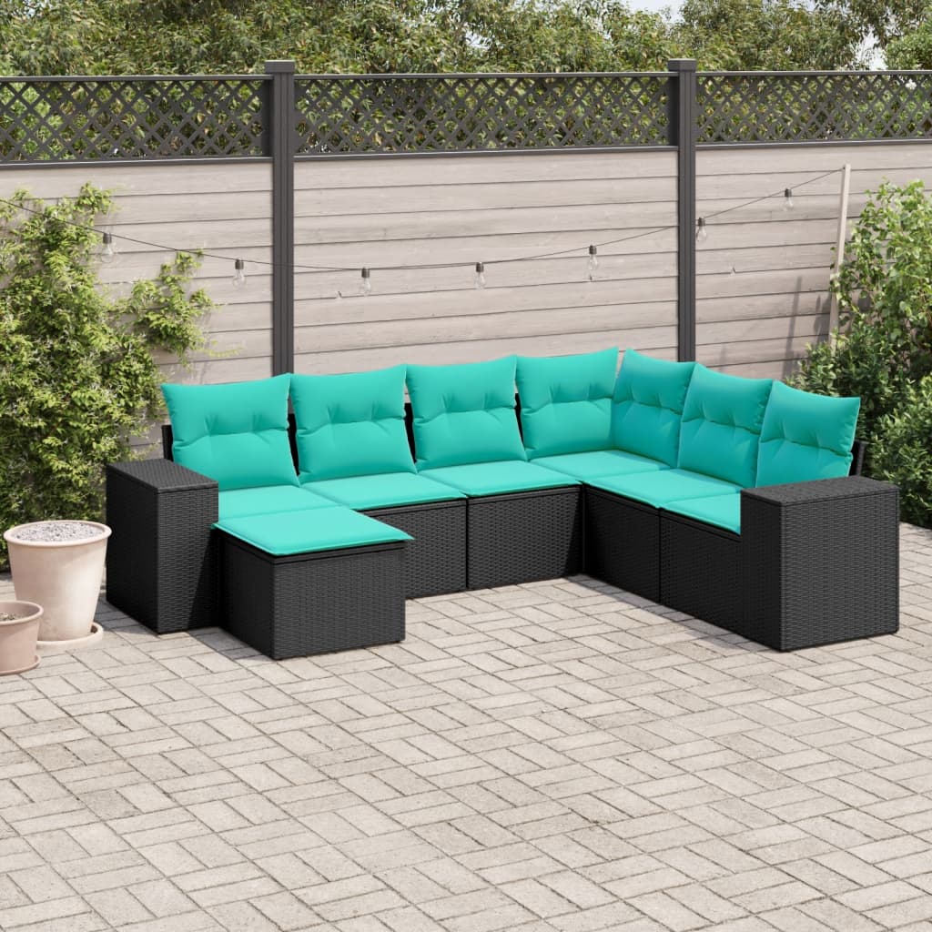 7-teiliges Gartensofa-Set mit Kissen, schwarzes Polyrattan