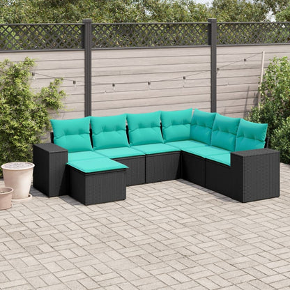 7-teiliges Gartensofa-Set mit Kissen, schwarzes Polyrattan