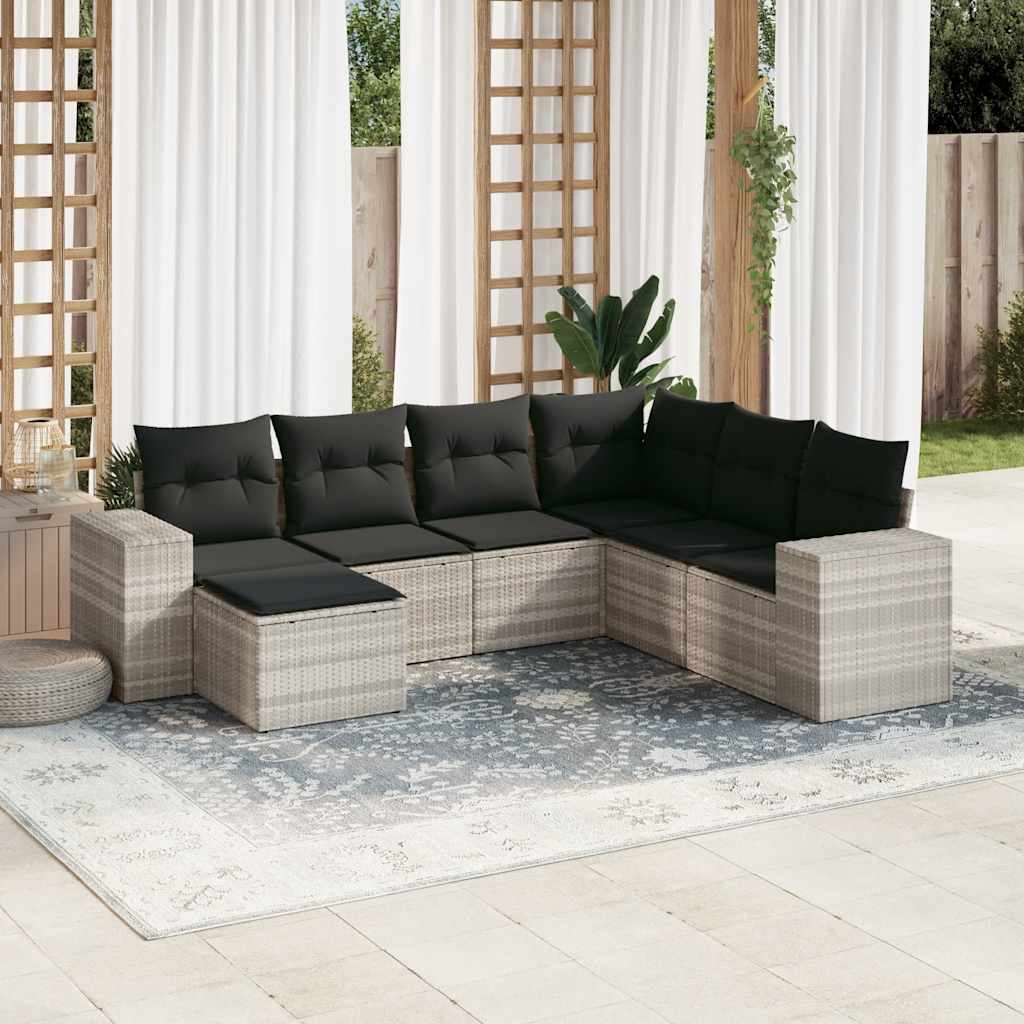 7-tlg. Garten-Sofagarnitur mit Kissen Hellgrau Poly Rattan