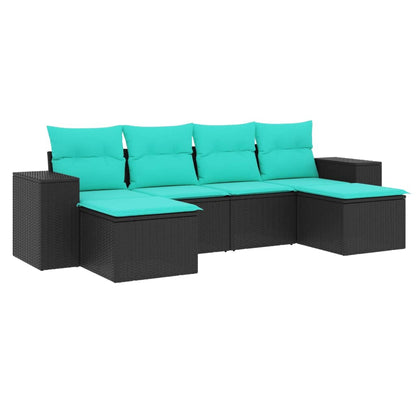 6-teiliges Gartensofa-Set mit Kissen, schwarzes Polyrattan