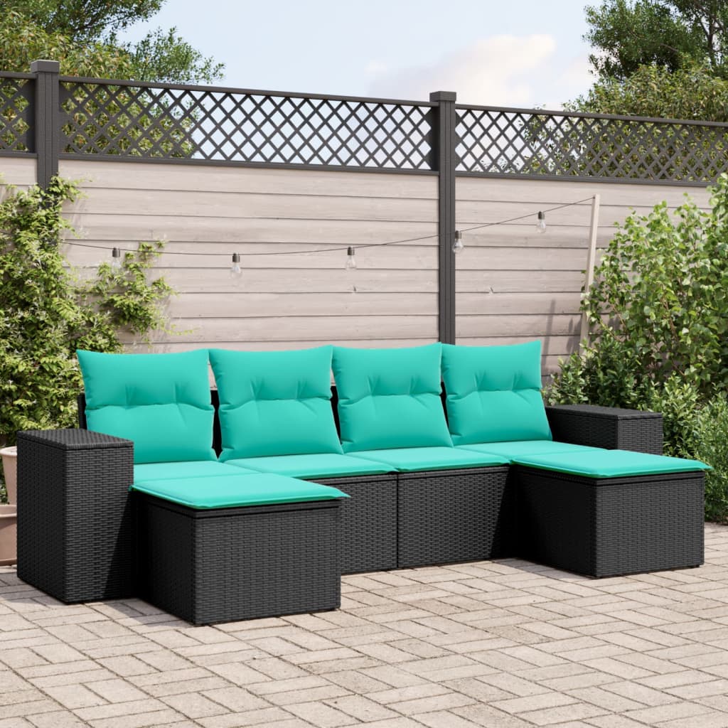 6-teiliges Gartensofa-Set mit Kissen, schwarzes Polyrattan