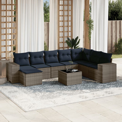 9-teiliges Gartensofa-Set mit Kissen, grau, Polyrattan