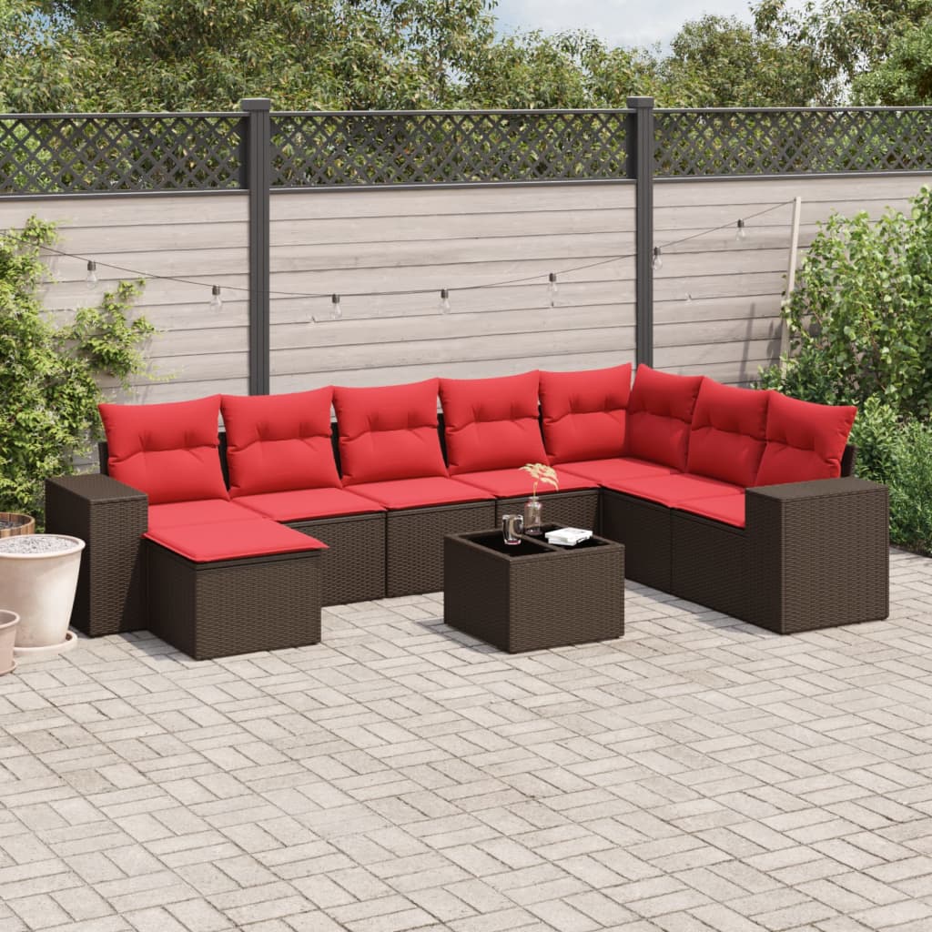 9-teiliges Gartensofa-Set mit Kissen, braun, Polyrattan