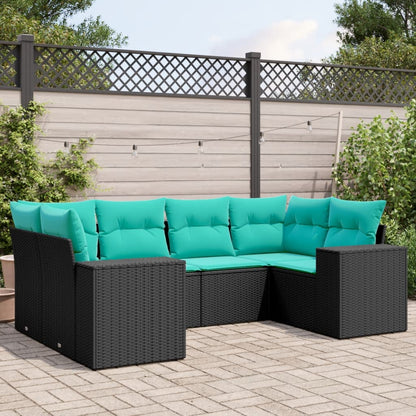 6-teiliges Gartensofa-Set mit Kissen, schwarzes Polyrattan