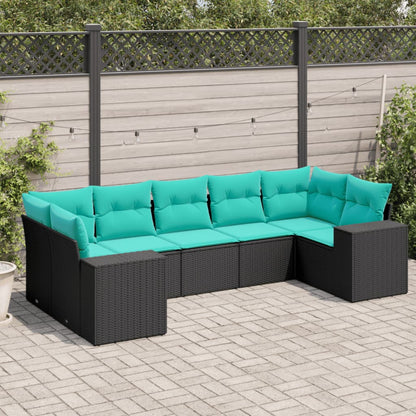 7-teiliges Gartensofa-Set mit Kissen, schwarzes Polyrattan