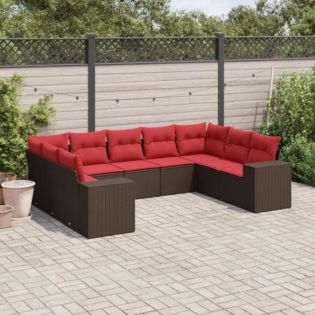9-teiliges Gartensofa-Set mit Kissen, braun, Polyrattan