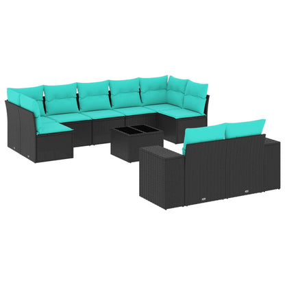 10-teiliges Gartensofa-Set mit Kissen, schwarzes Polyrattan