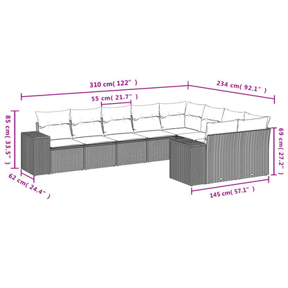 9-teiliges Gartensofa-Set mit Kissen, schwarzes Polyrattan