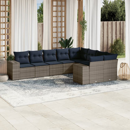 9-teiliges Gartensofa-Set mit Kissen, grau, Polyrattan