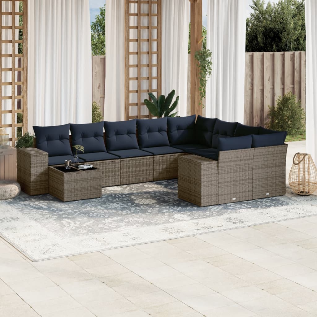 10-teiliges Gartensofa-Set mit Kissen, grau, Polyrattan