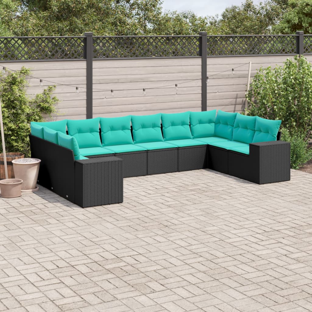 10-teiliges Gartensofa-Set mit Kissen, schwarzes Polyrattan
