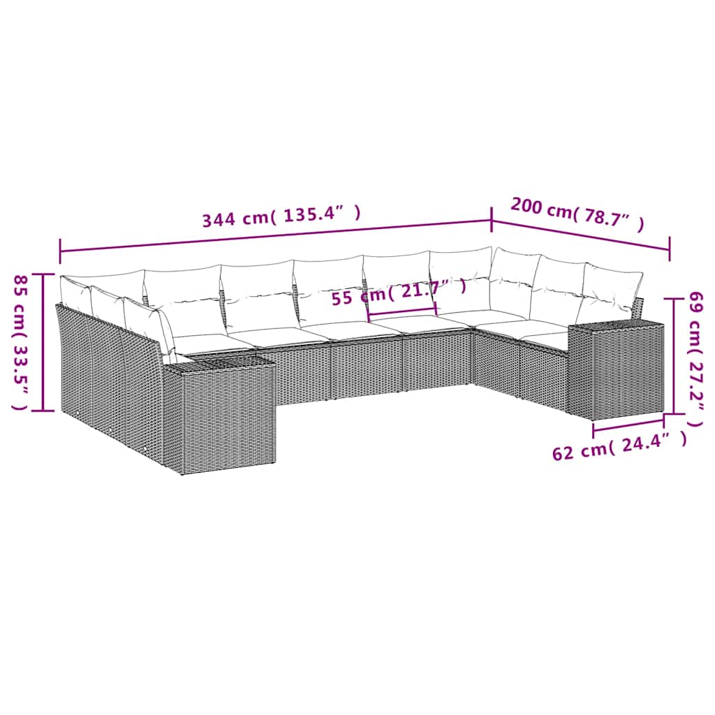 10-tlg. Garten-Sofagarnitur mit Kissen Hellgrau Poly Rattan