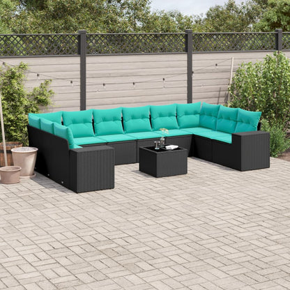 11-teiliges Gartensofa-Set mit Kissen, schwarzes Polyrattan