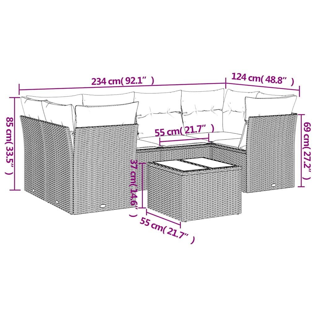 7-tlg. Garten-Sofagarnitur mit Kissen Schwarz Poly Rattan