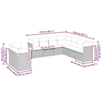 9-tlg. Garten-Sofagarnitur mit Kissen Hellgrau Poly Rattan