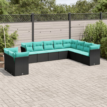 10-teiliges Gartensofa-Set mit Kissen, schwarzes Polyrattan