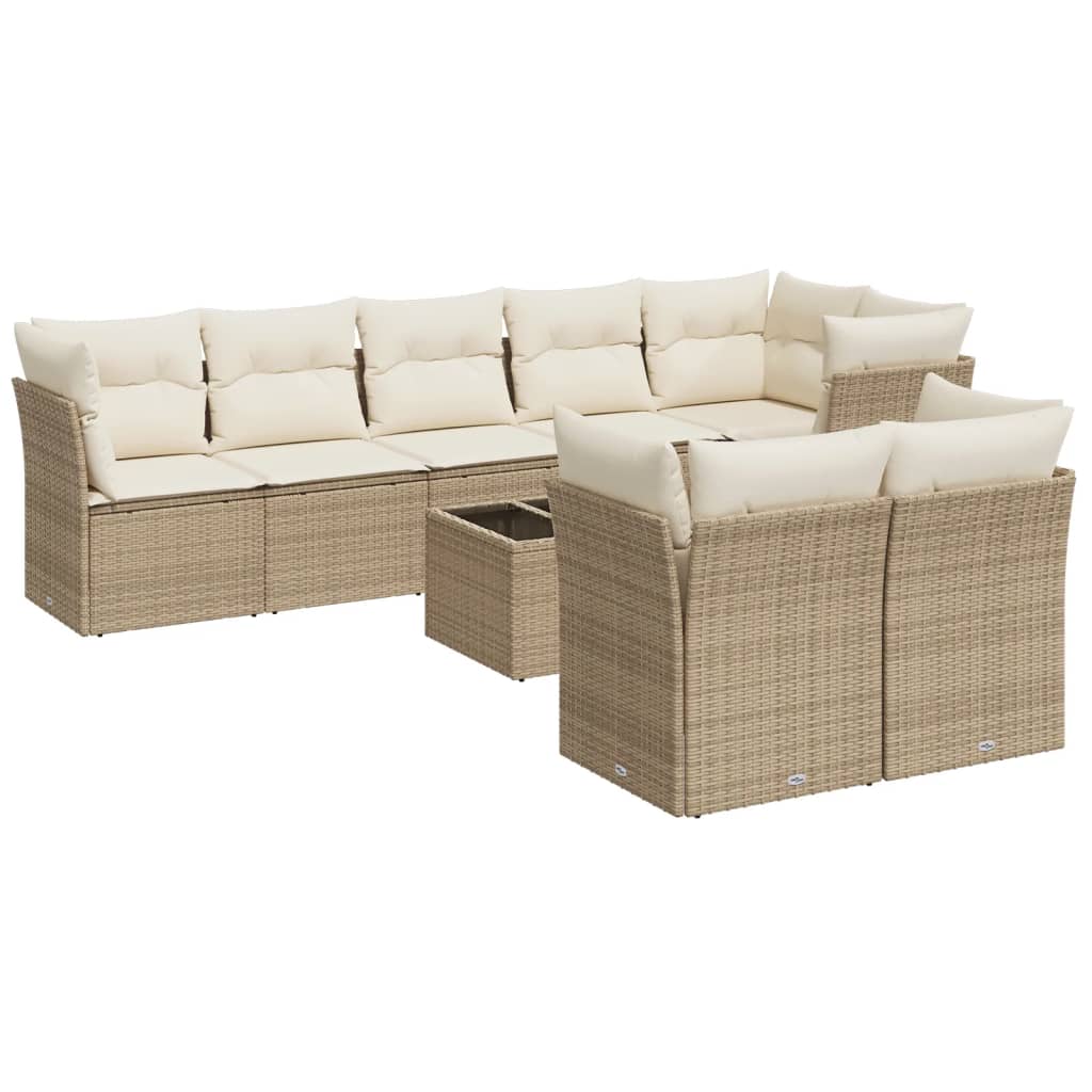 9-tlg. Garten-Sofagarnitur mit Kissen Beige Poly Rattan