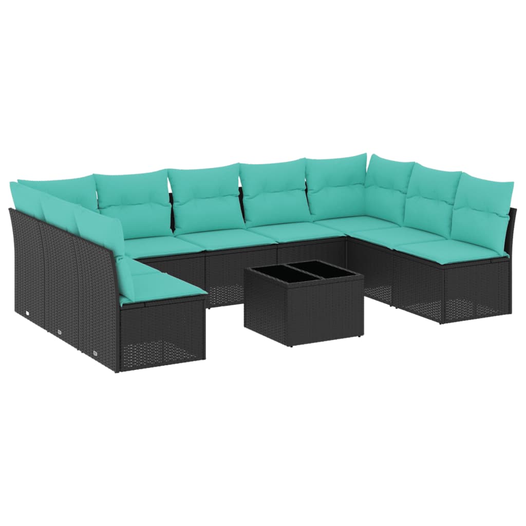 10-teiliges Gartensofa-Set mit Kissen, schwarzes Polyrattan