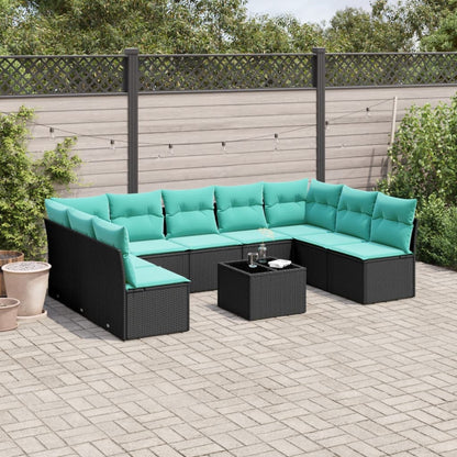 10-teiliges Gartensofa-Set mit Kissen, schwarzes Polyrattan