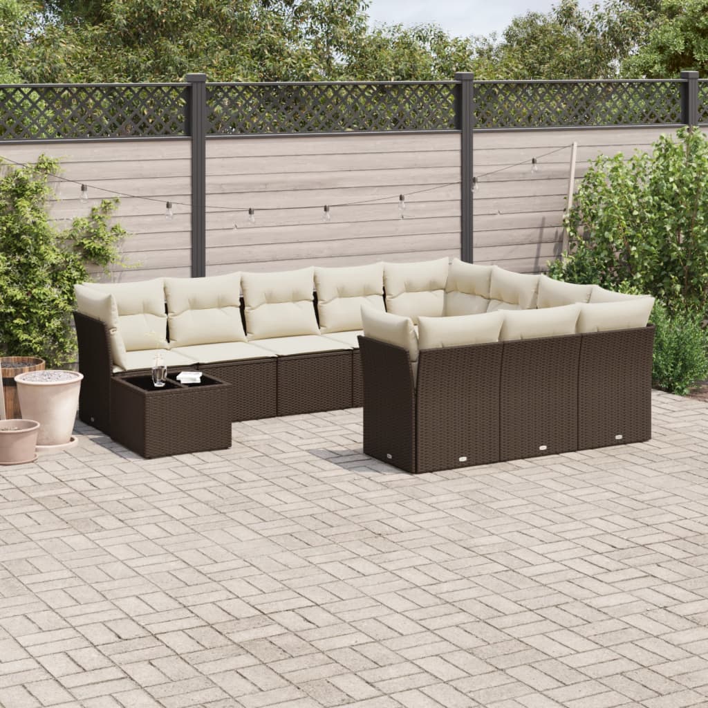 11-tlg. Garten-Sofagarnitur mit Kissen Braun Poly Rattan