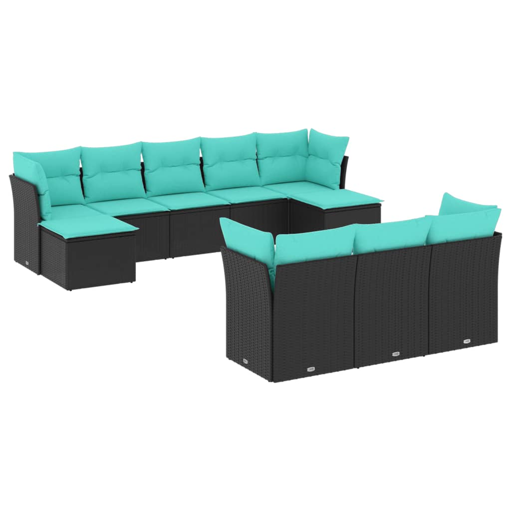 10-teiliges Gartensofa-Set mit Kissen, schwarzes Polyrattan