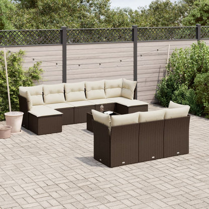 11-tlg. Garten-Sofagarnitur mit Kissen Braun Poly Rattan