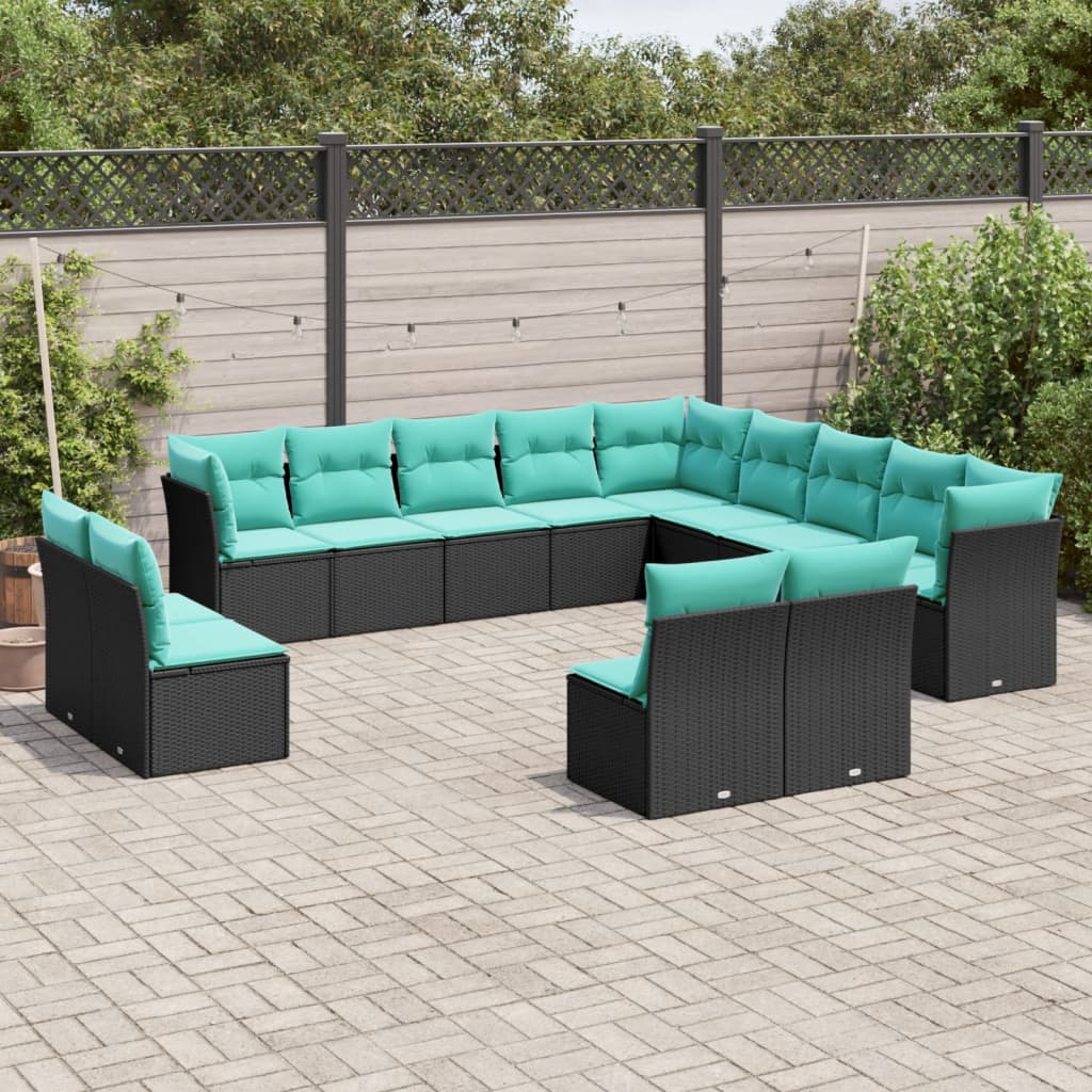 13-teiliges Gartensofa-Set mit Kissen, schwarzes Polyrattan