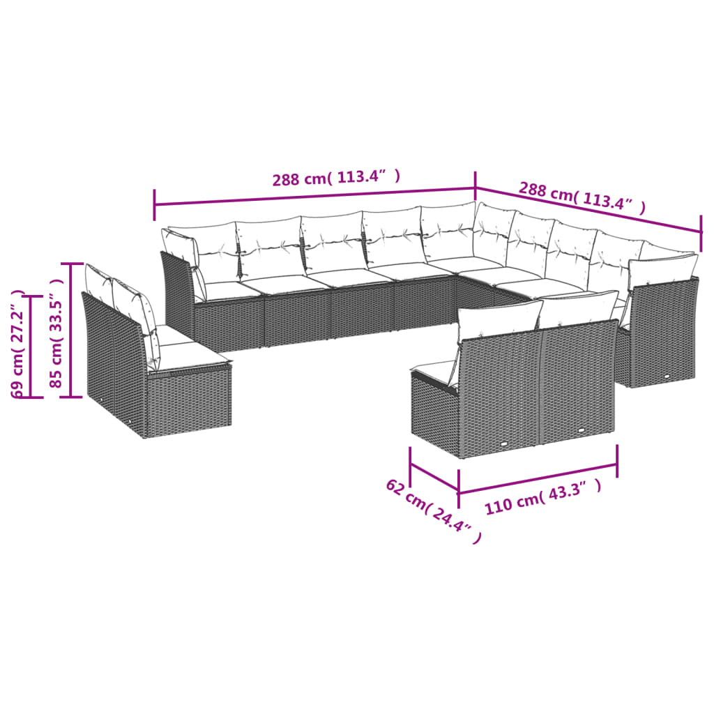 13-teiliges Gartensofa-Set mit Kissen, grau, Polyrattan