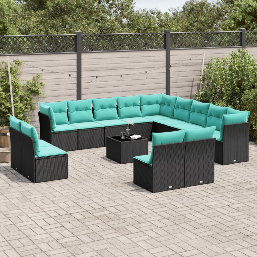 14-teiliges Gartensofa-Set mit Kissen, schwarzes Polyrattan